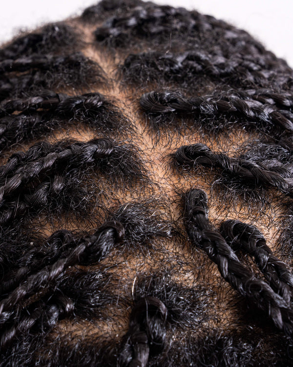 Close-up of braids on textured hair showing clean parts and scalp health for 3B–4C hair