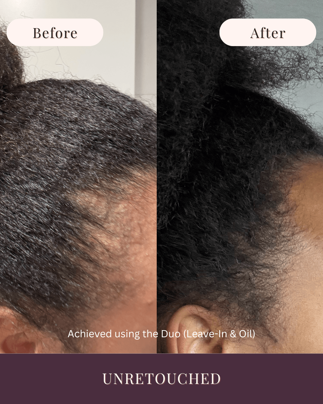 Before and after textured hair transformation showing hydration and definition