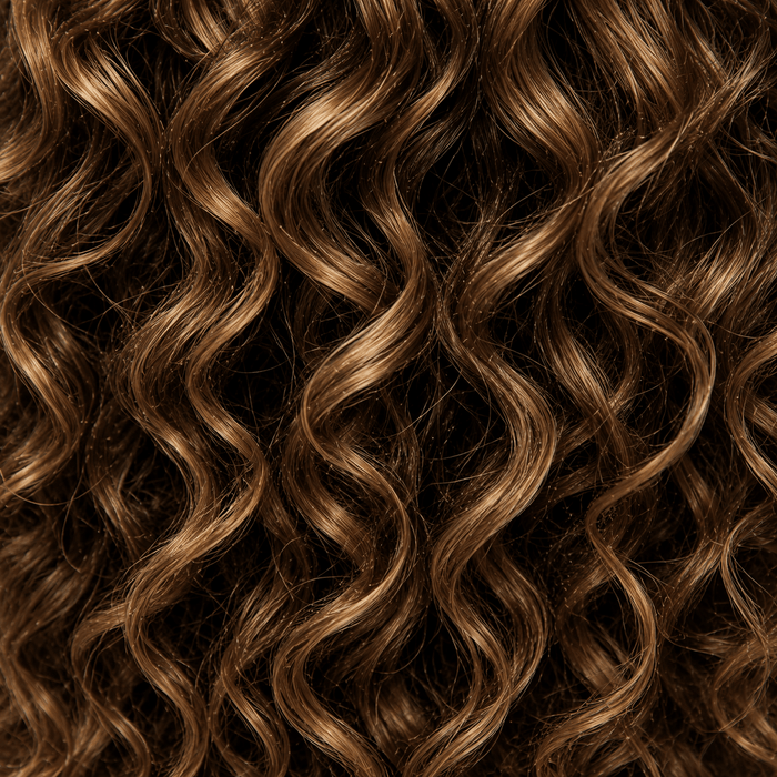 Close-up of loose textured curls with defined spiral curl pattern